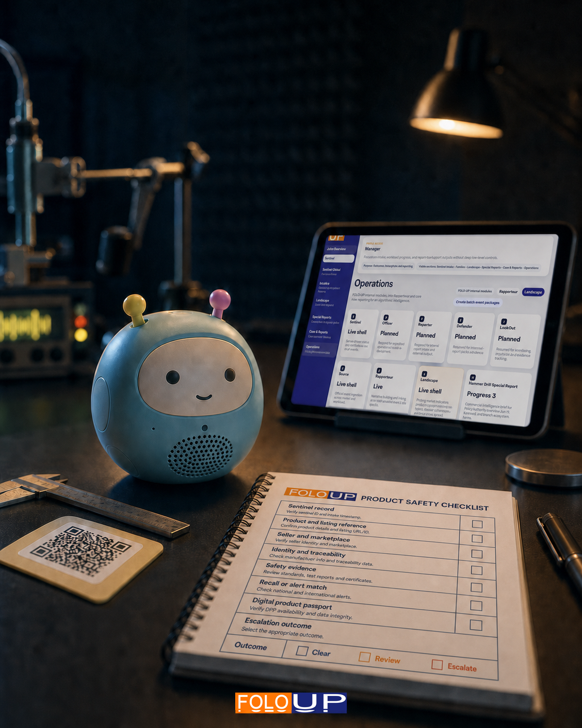 An unbranded connected toy, tablet and compliance checklist arranged for a toy-safety assessment.