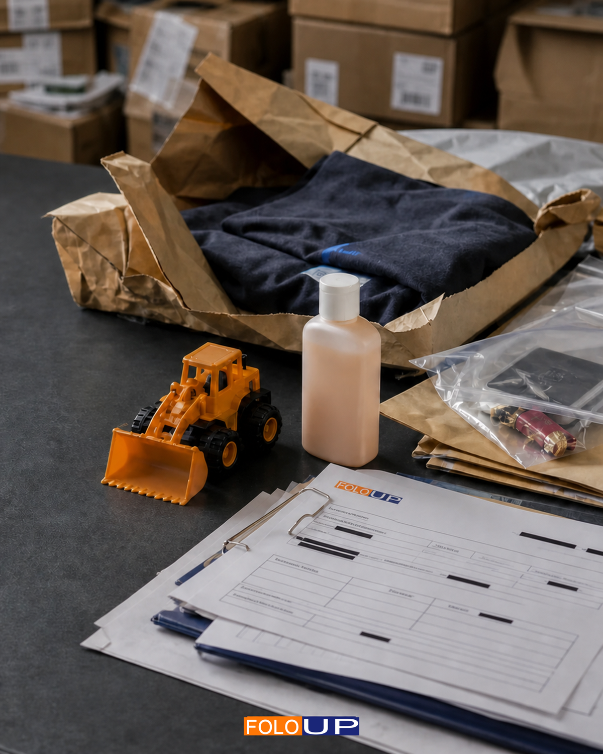 Inspected e-commerce parcels, a toy, cosmetic bottle and clothing arranged on a regulatory evidence desk with seized-product paperwork