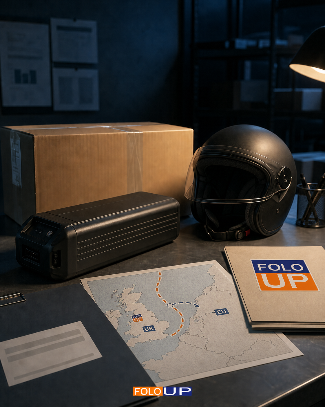 An investigation desk with an e-moped battery, helmet, FOLO-UP-labelled recall envelope and a map showing an interrupted information route between the EU and the UK.