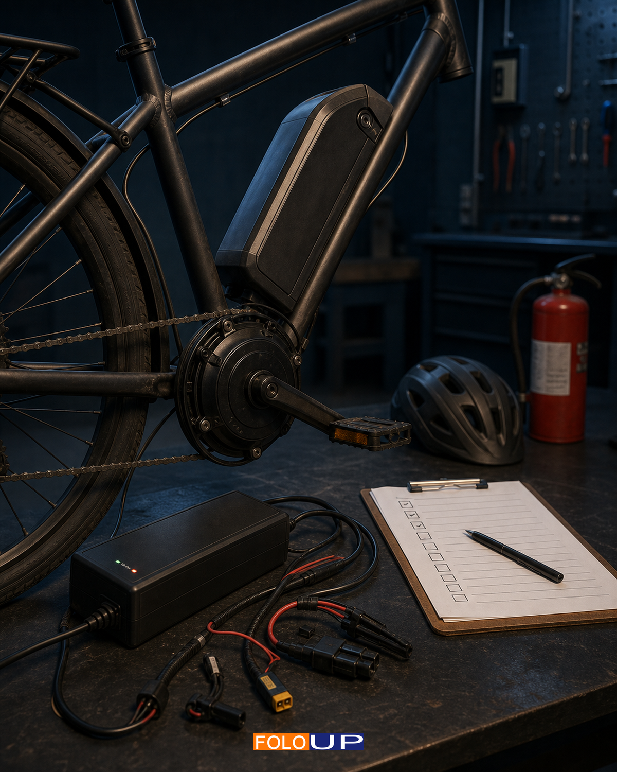 An e-bike conversion motor, battery, charger and compatibility checklist arranged on an inspection bench.