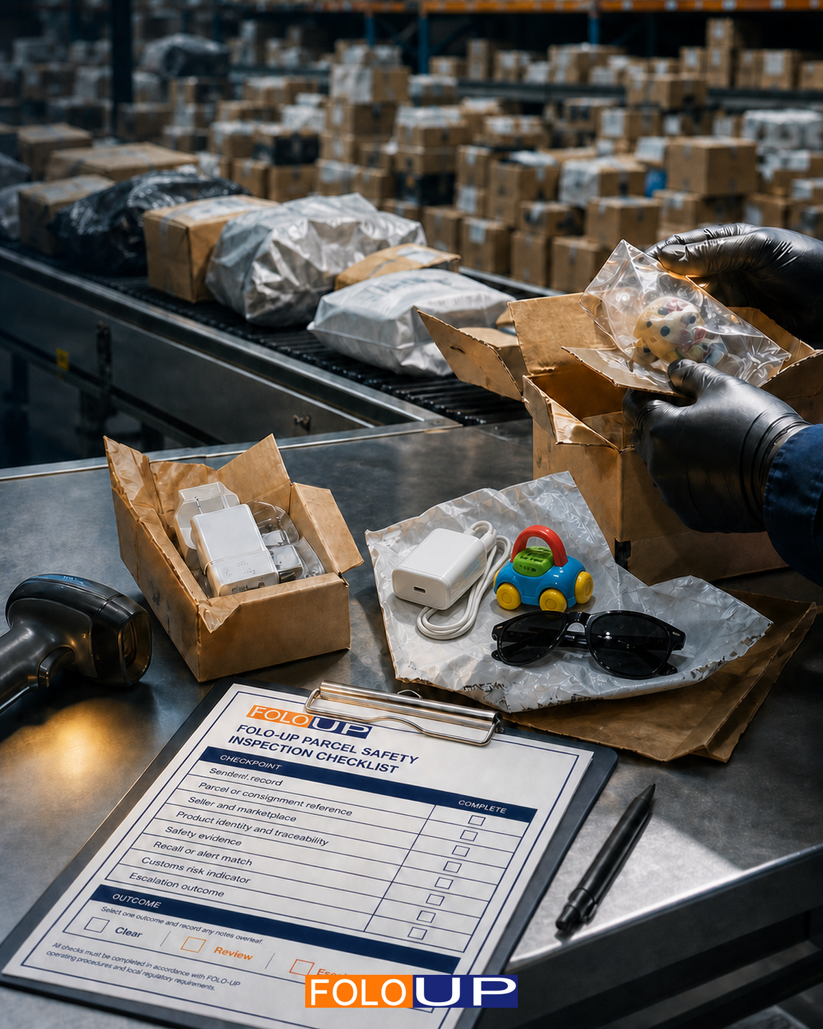 Customs officer inspecting small e-commerce parcels beside a conveyor and warehouse of packages.