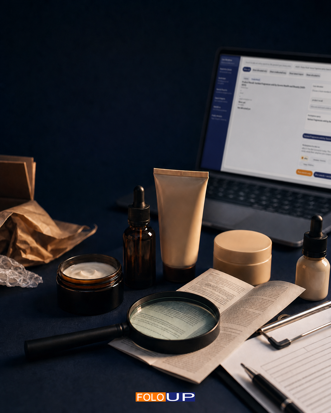 Unbranded cosmetic bottles, ingredient paperwork and a magnifying glass arranged for an online product-safety review.