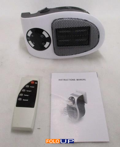 Portable 500W plug-in fan heater, remote control and instruction leaflet photographed for OPSS Product Safety Report 2212-0070.