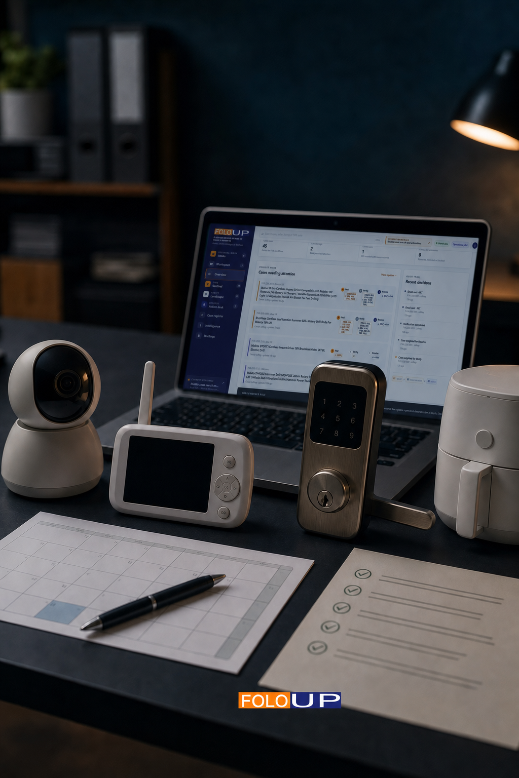 Smart home devices on a desk in front of a laptop showing the FOLO-UP public safety intelligence platform.