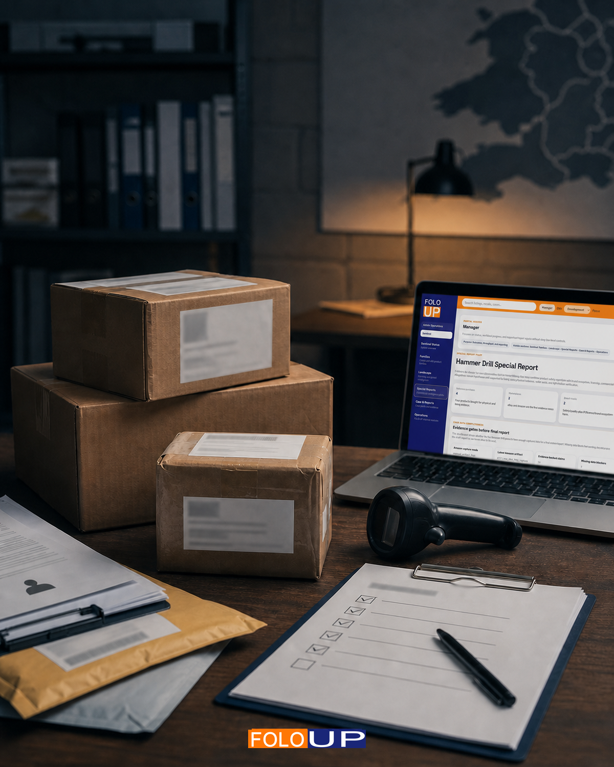 Parcels, a barcode scanner, a blurred marketplace screen and a seller-safety checklist on an inspection desk.