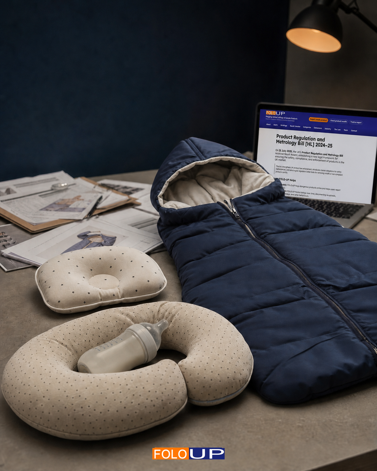 Infant sleep products and a prop-feeding cushion arranged for a marketplace product-safety review.